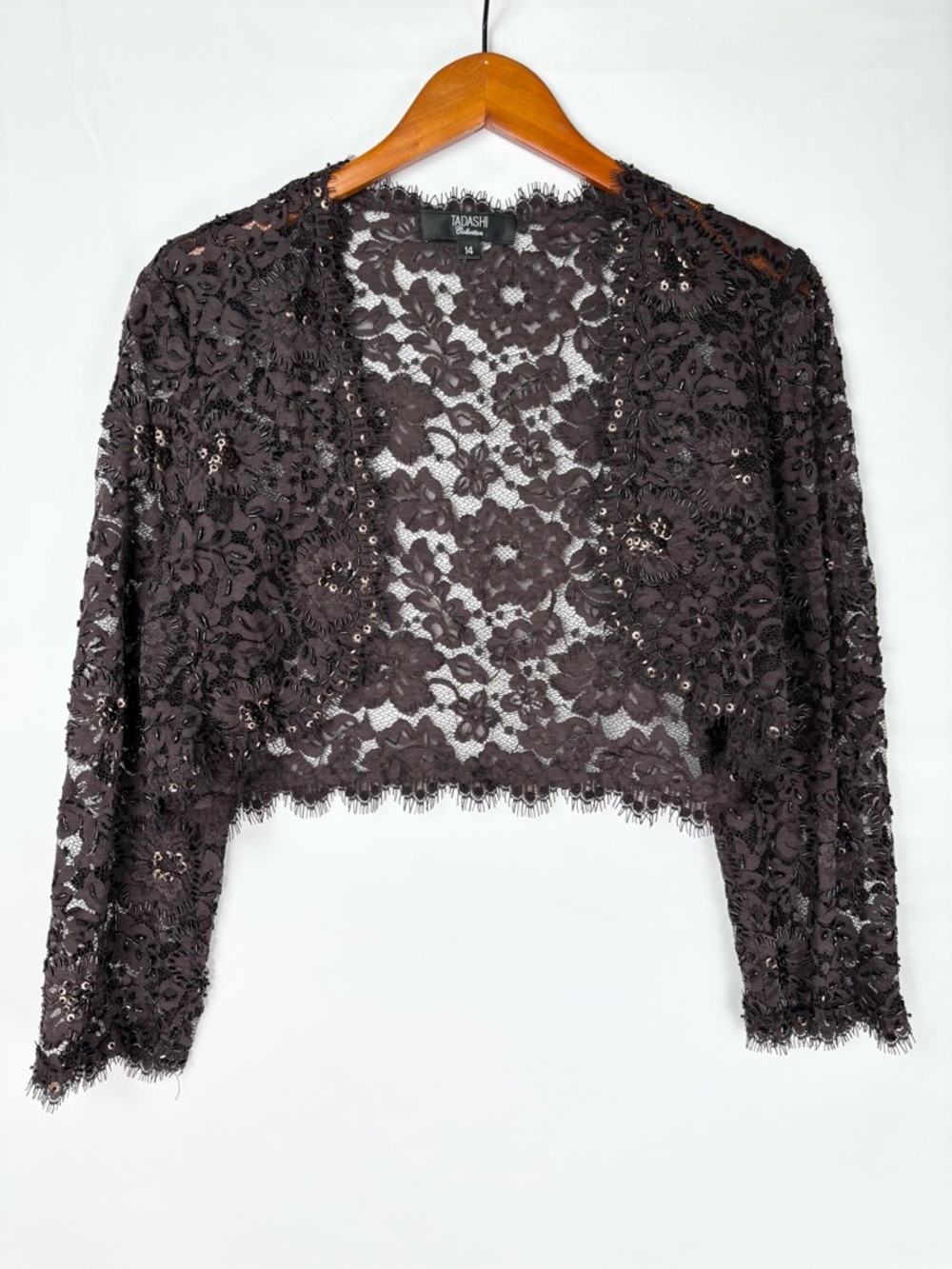 Tadashi Shoji Lace Beaded‎ Bolero Brown Size 14 Womens Elegant Floral